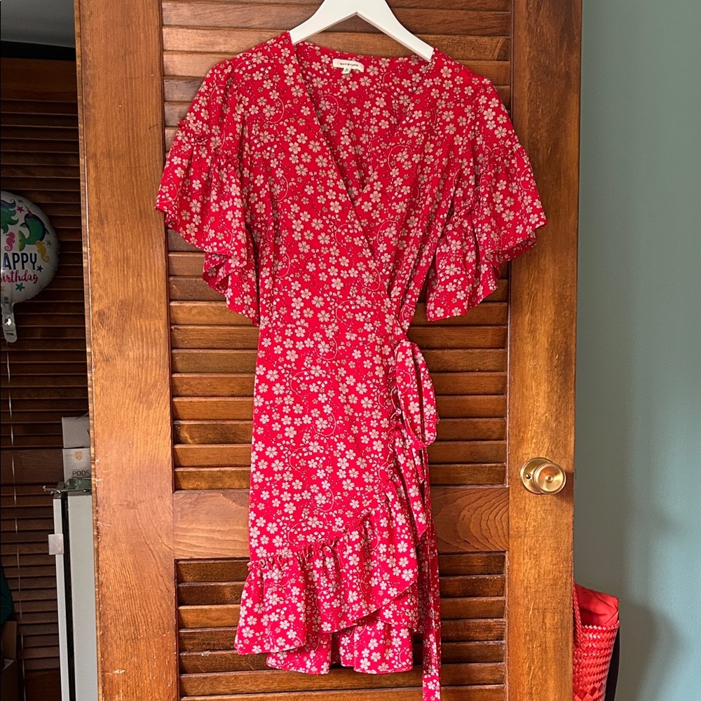 Max Studio Red Floral Wrap Dress with Ruffle Detail